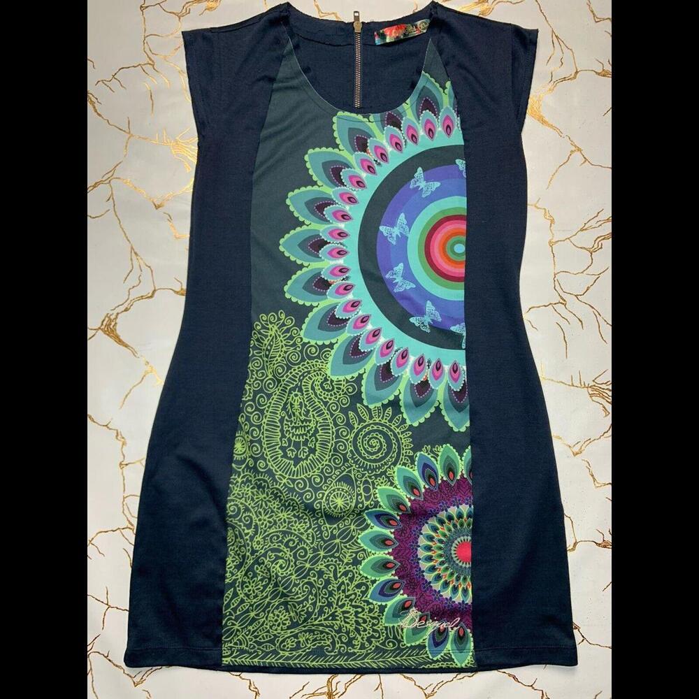Desigual Women Blue Floral Paisley Dress Size XL Logo Short Sleeve Zip
